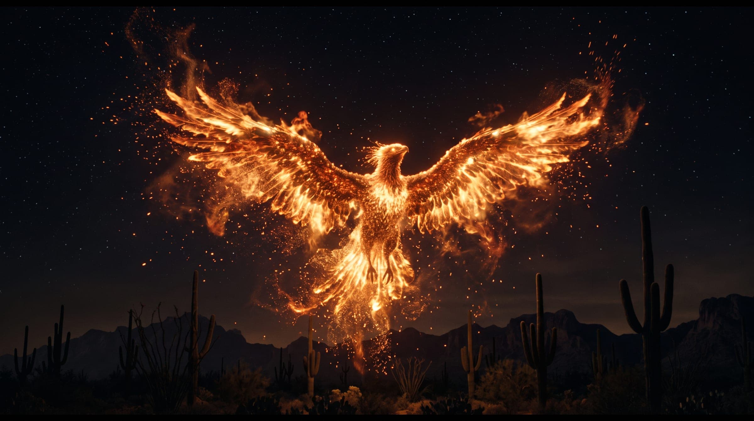 A phoenix of embers rising over the Sonoran desert at night
