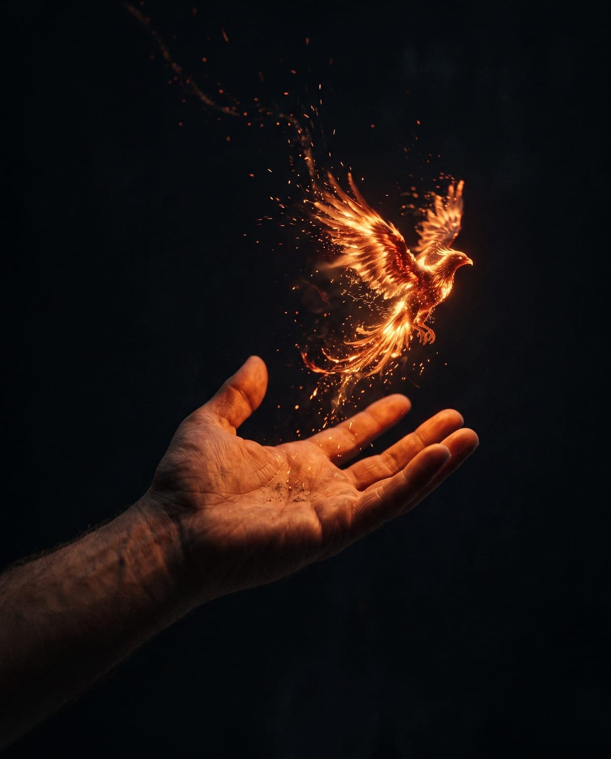 An open hand releasing embers into the dark