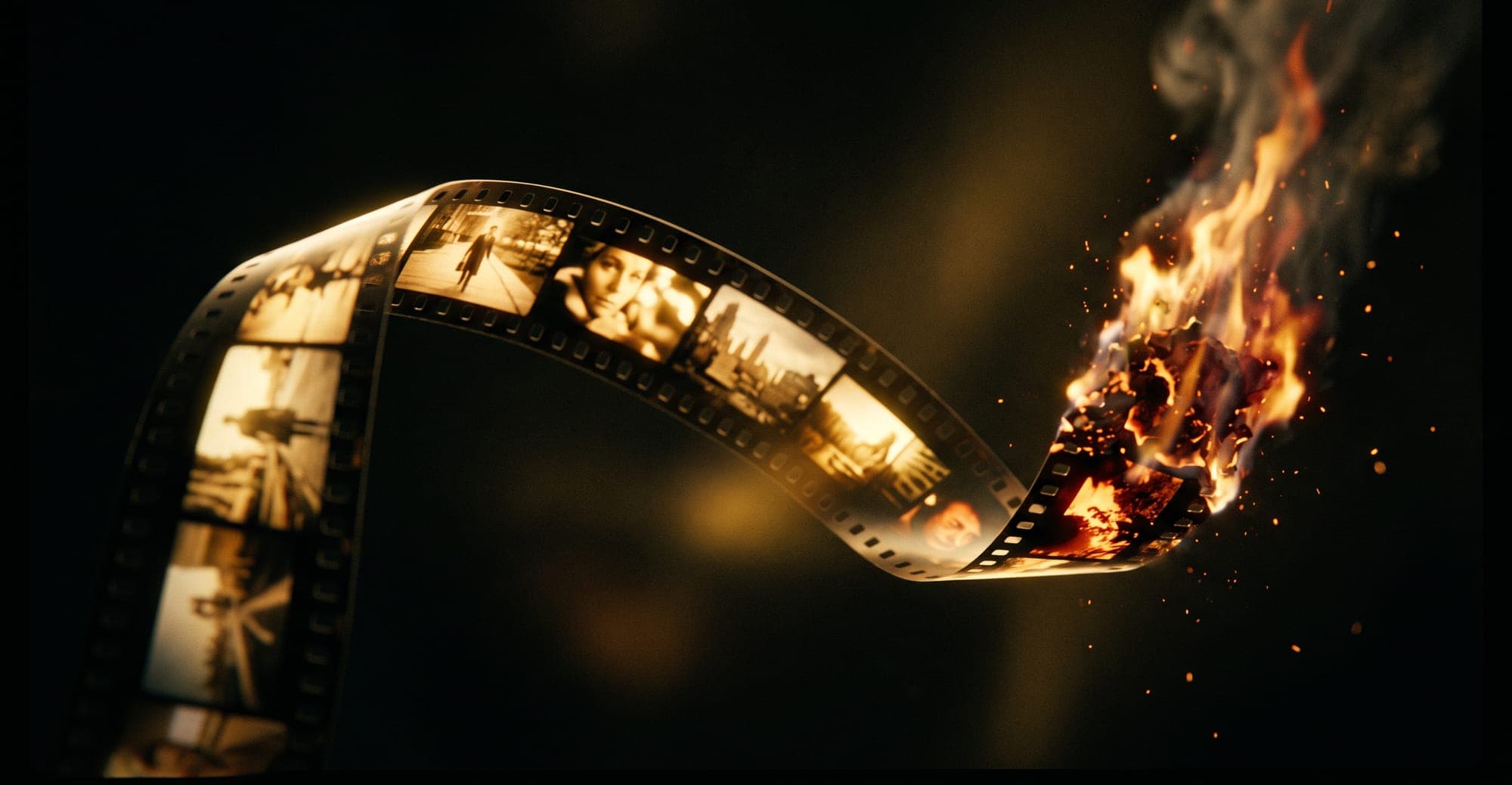 A strip of 35mm film igniting into embers