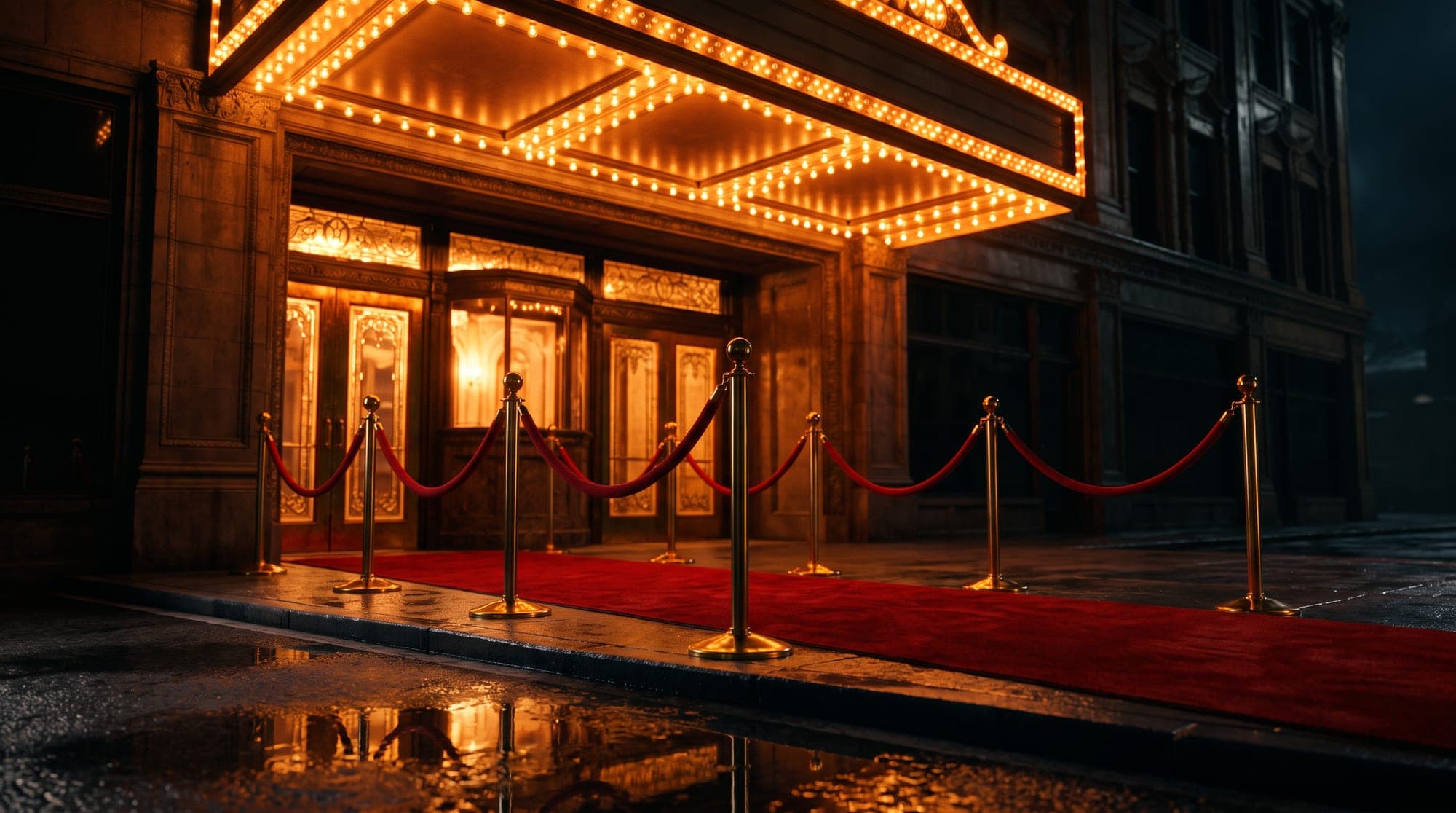 A red carpet and velvet ropes leading to glowing theater doors
